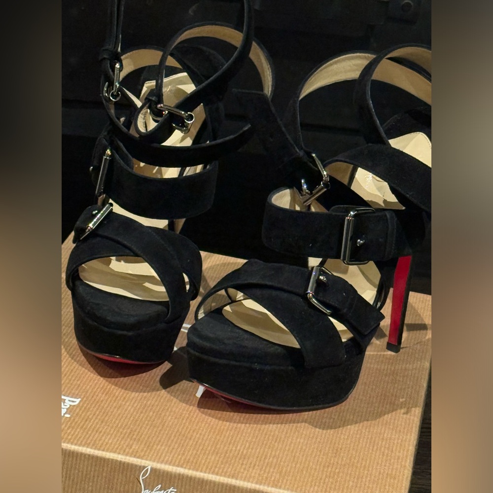 Christian Louboutin. Black. Ankle wrapped. Platform. Super sexy. High heel.